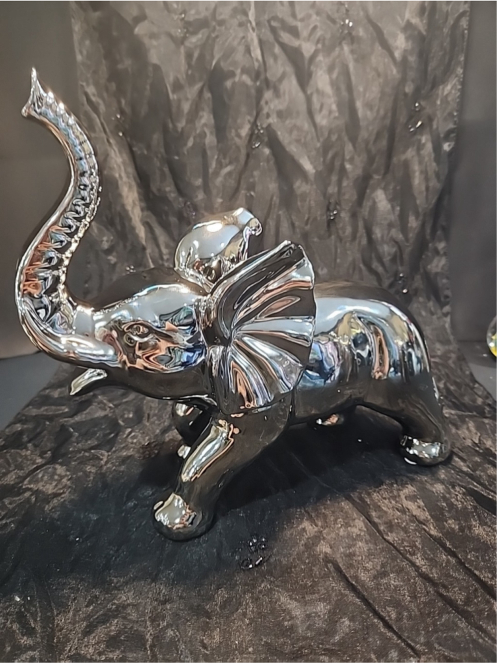 Large Chrome Finish Ceramic Elephant Figure 12” Long X 11” Tall, Good Luck, EUC